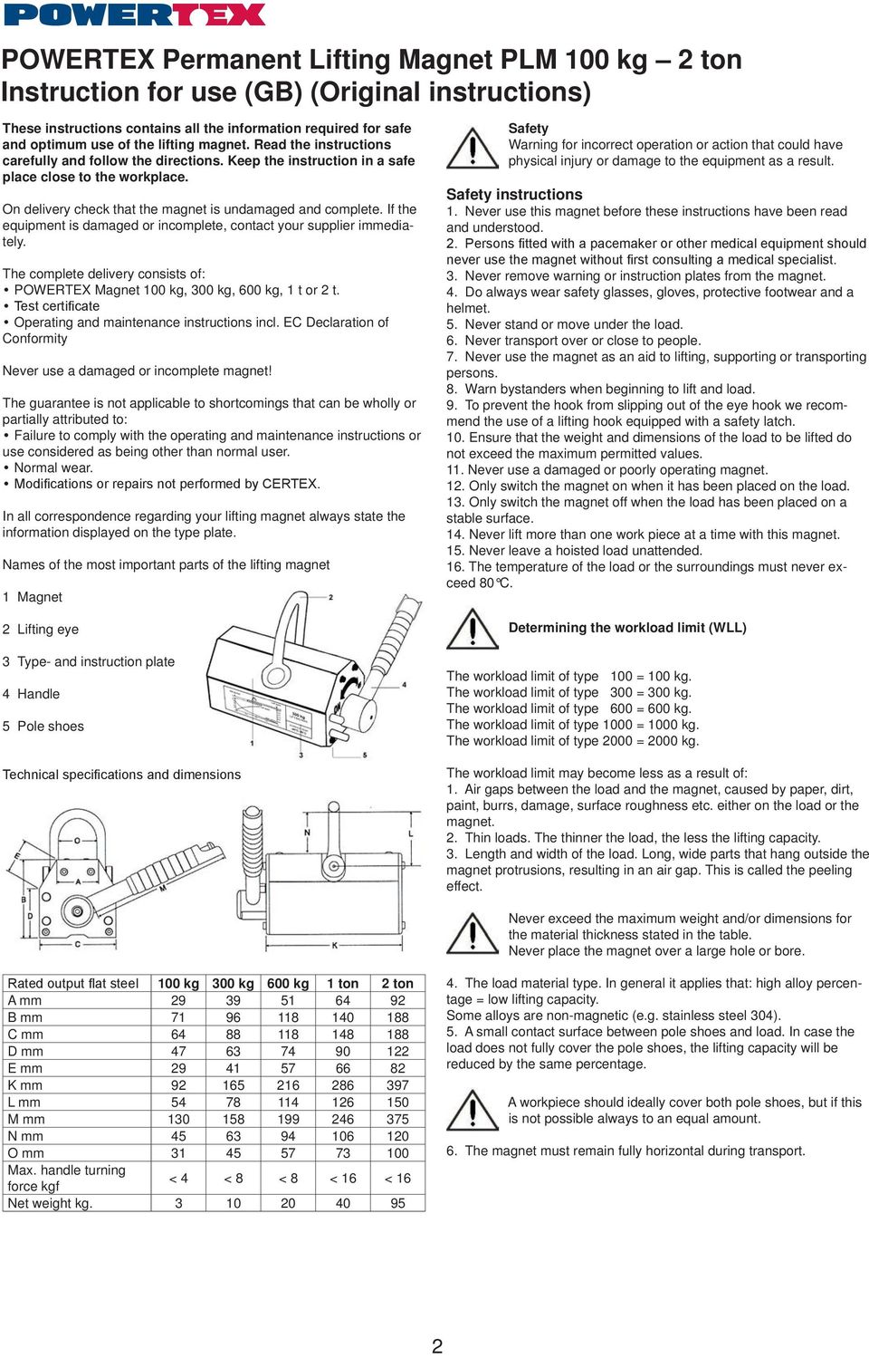 If the equipment is damaged or incomplete, contact your supplier immediately. The complete delivery consists of: POWERTEX Magnet 100 kg, 300 kg, 600 kg, 1 t or 2 t.