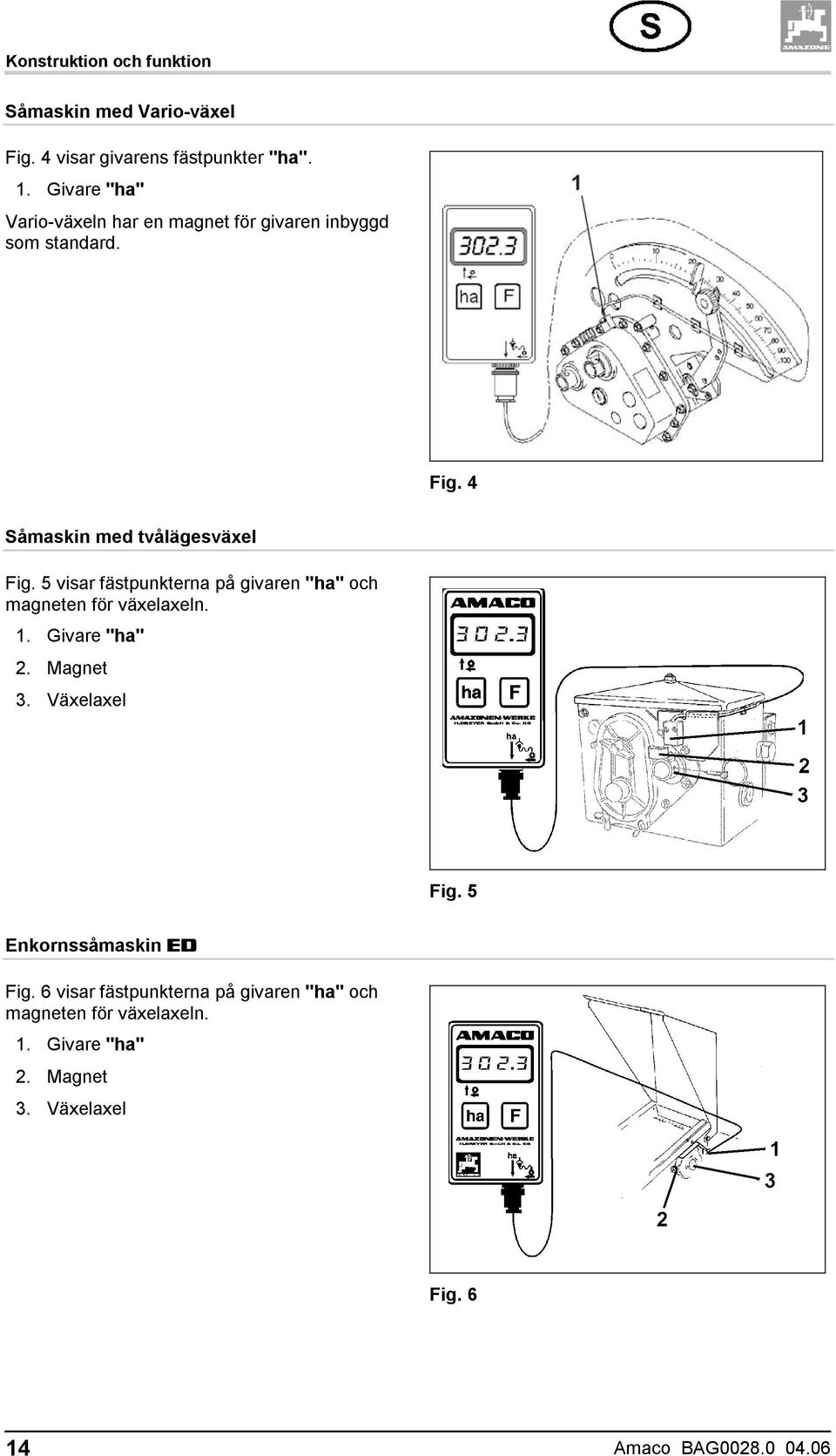 5 visar fästpunkterna på givaren "ha" och magneten för växelaxeln. 1. Givare "ha" 2. Magnet 3. Växelaxel Fig.