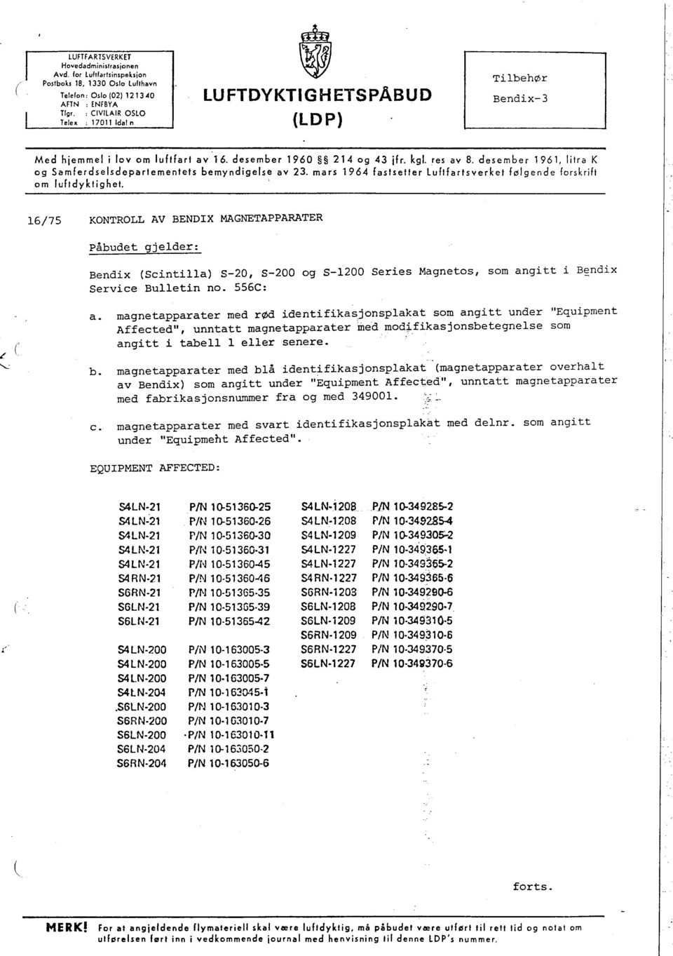 mars 1964 fastsetter Luftfartsverket følgende forskrft om lufdyklghel.