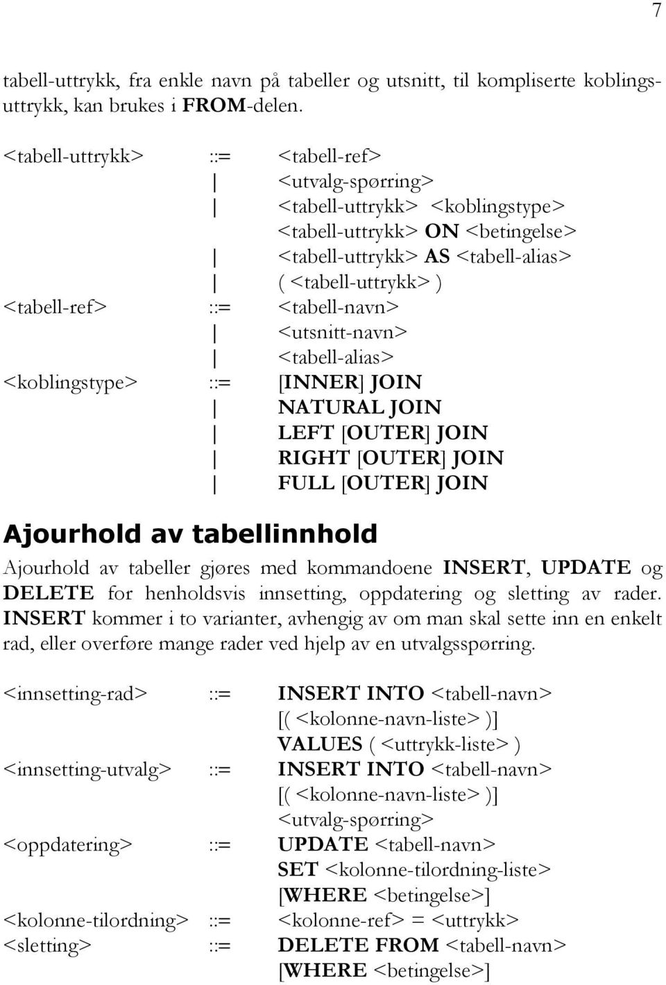 <tabell-navn> <utsnitt-navn> <tabell-alias> <koblingstype> ::= [INNER] JOIN NATURAL JOIN LEFT [OUTER] JOIN RIGHT [OUTER] JOIN FULL [OUTER] JOIN Ajourhold av tabellinnhold Ajourhold av tabeller gjøres
