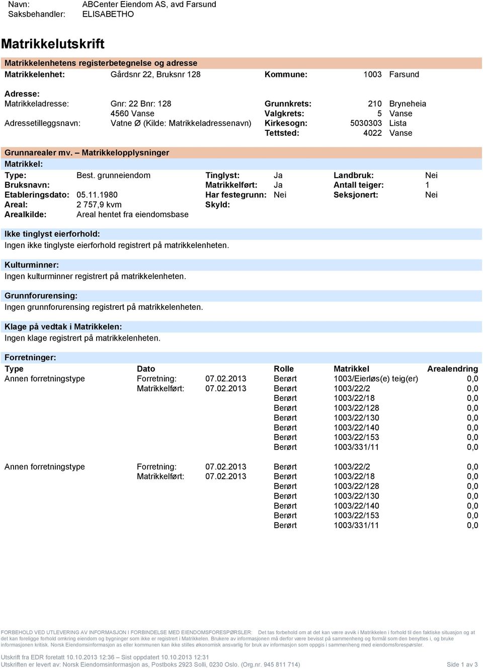 Grunnarealer mv. Matrikkelopplysninger Matrikkel: Type: Best. grunneiendom Tinglyst: Ja Landbruk: Nei Bruksnavn: Ja Antall teiger: 1 Etableringsdato: 05.11.