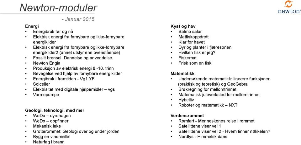 trinn Bevegelse ved hjelp av fornybare energikilder Energibruk i framtiden - Vg1 YF Solceller Elektrisitet med digitale hjelpemidler vgs Varmepumpe Geologi, teknologi, med mer WeDo dyrehagen WeDo