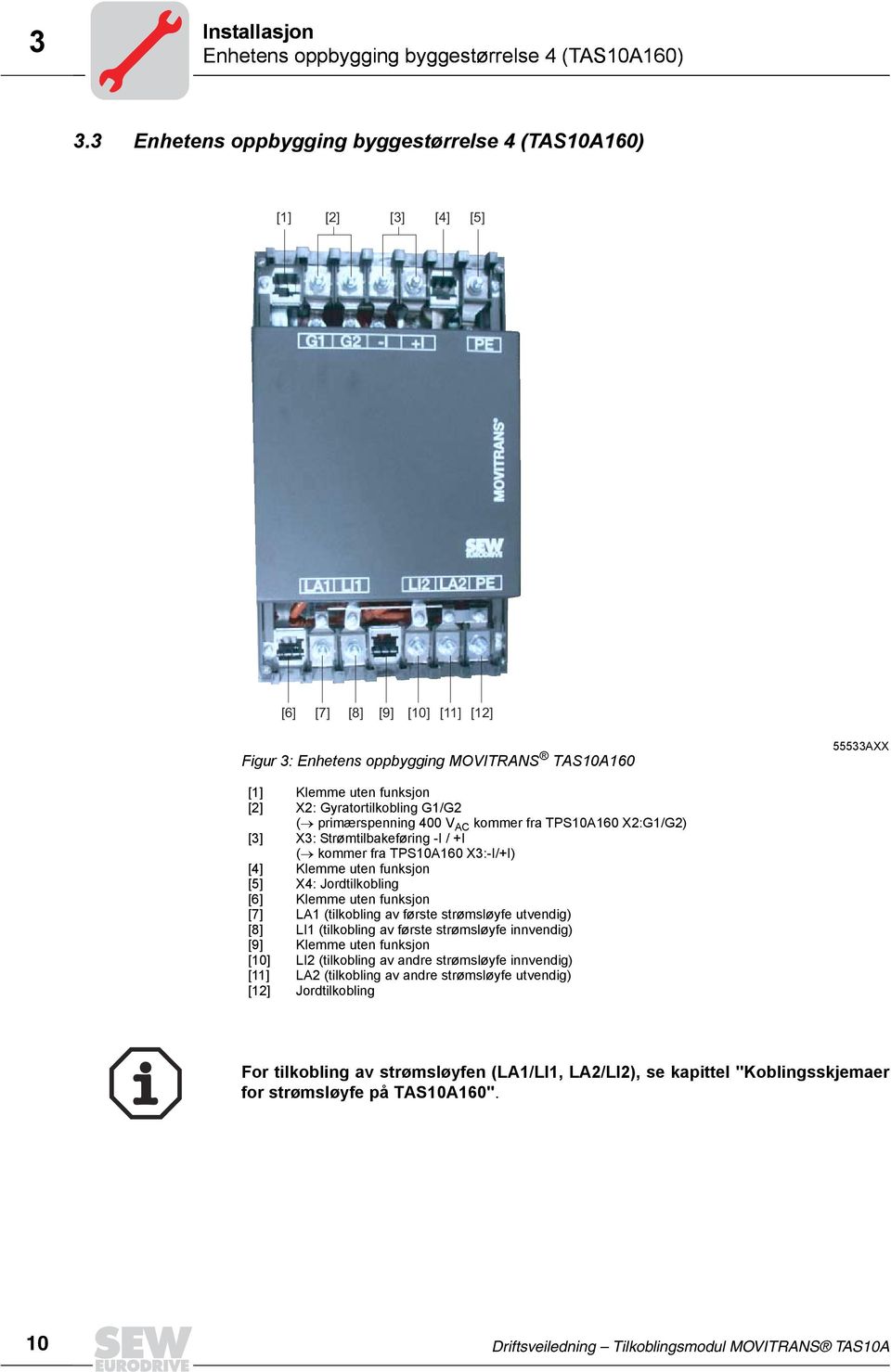 G1/G2 ( primærspenning 400 V AC kommer fra TPS10A160 X2:G1/G2) [3] X3: Strømtilbakeføring -I / +I ( kommer fra TPS10A160 X3:-I/+I) [4] Klemme uten funksjon [5] X4: Jordtilkobling [6] Klemme uten