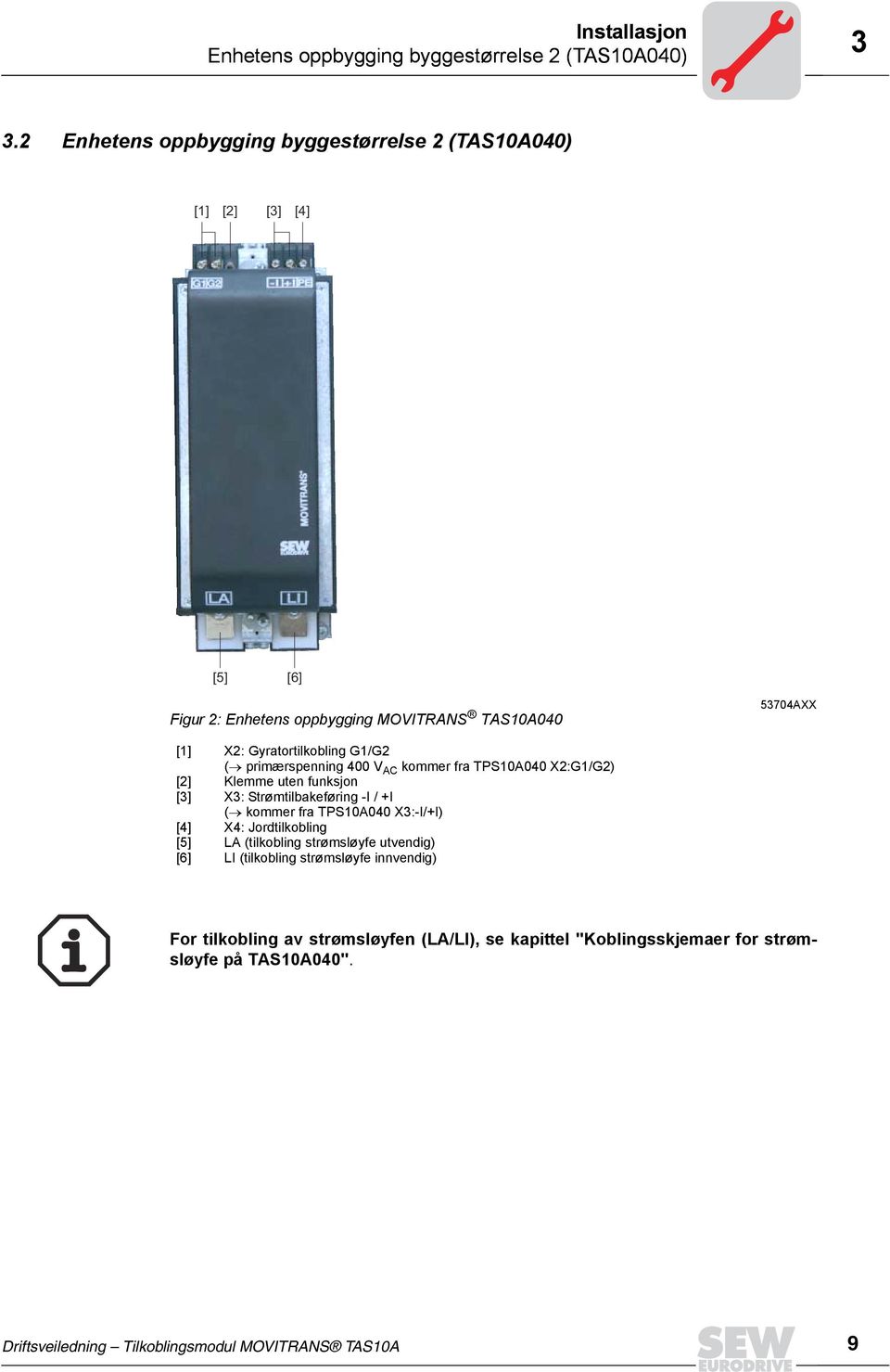 ( primærspenning 400 V AC kommer fra TPS10A040 X2:G1/G2) Klemme uten funksjon [3] X3: Strømtilbakeføring -I / +I ( kommer fra TPS10A040 X3:-I/+I) [4]