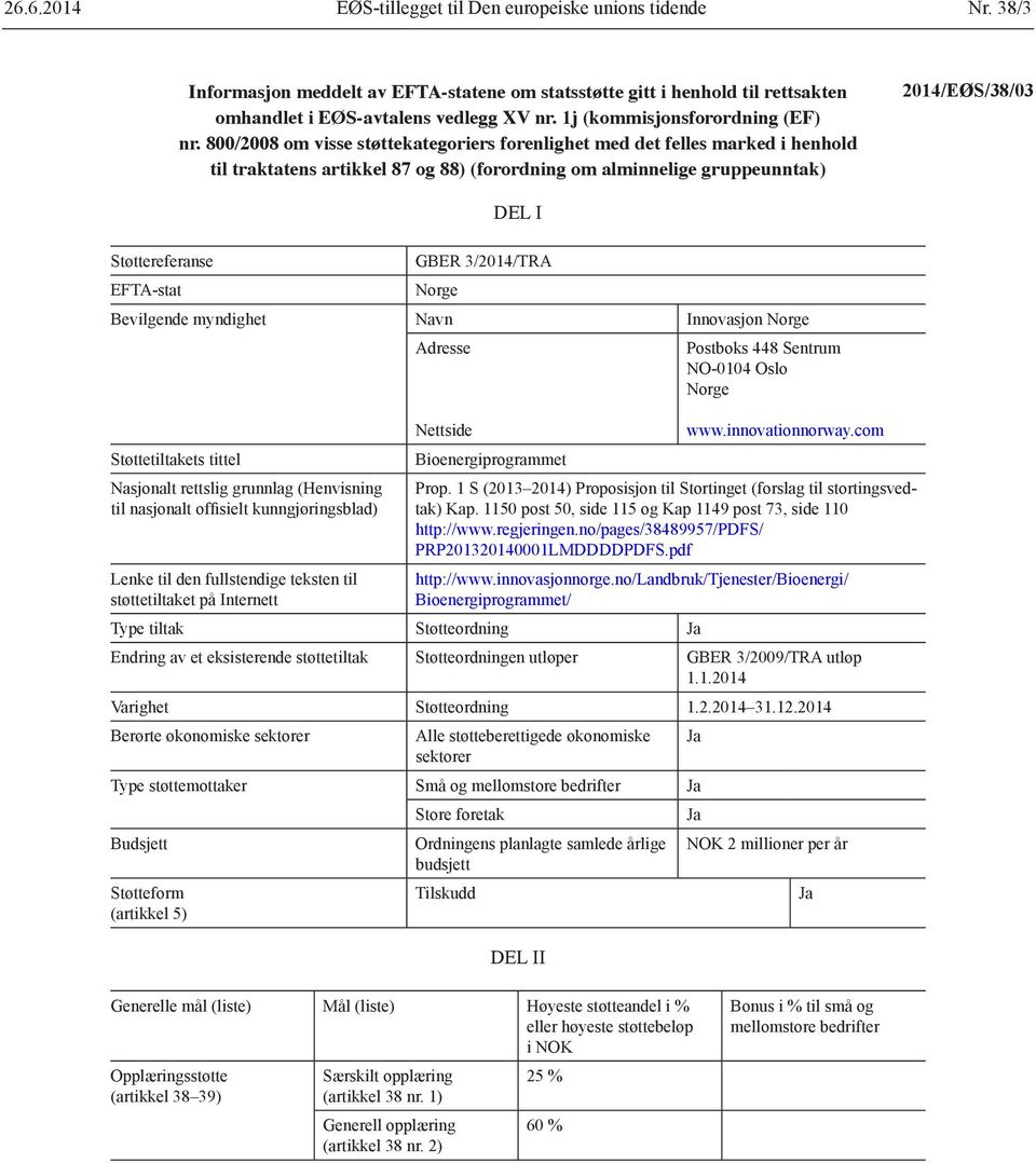 800/2008 om visse støttekategoriers forenlighet med det felles marked i henhold til traktatens artikkel 87 og 88) (forordning om alminnelige gruppeunntak) 2014/EØS/38/03 Støttereferanse EFTA-stat DEL