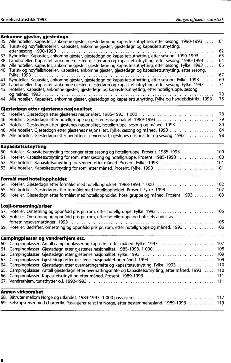 Kapasitet, ankomne gjester, gjestedøgn og kapasitetsutnytting, etter sesong. 1990-1993 63 38. Landhoteller. Kapasitet, ankomne gjester, gjestedøgn og kapasitetsutnytting, etter sesong. 1990-1993... 64 39.