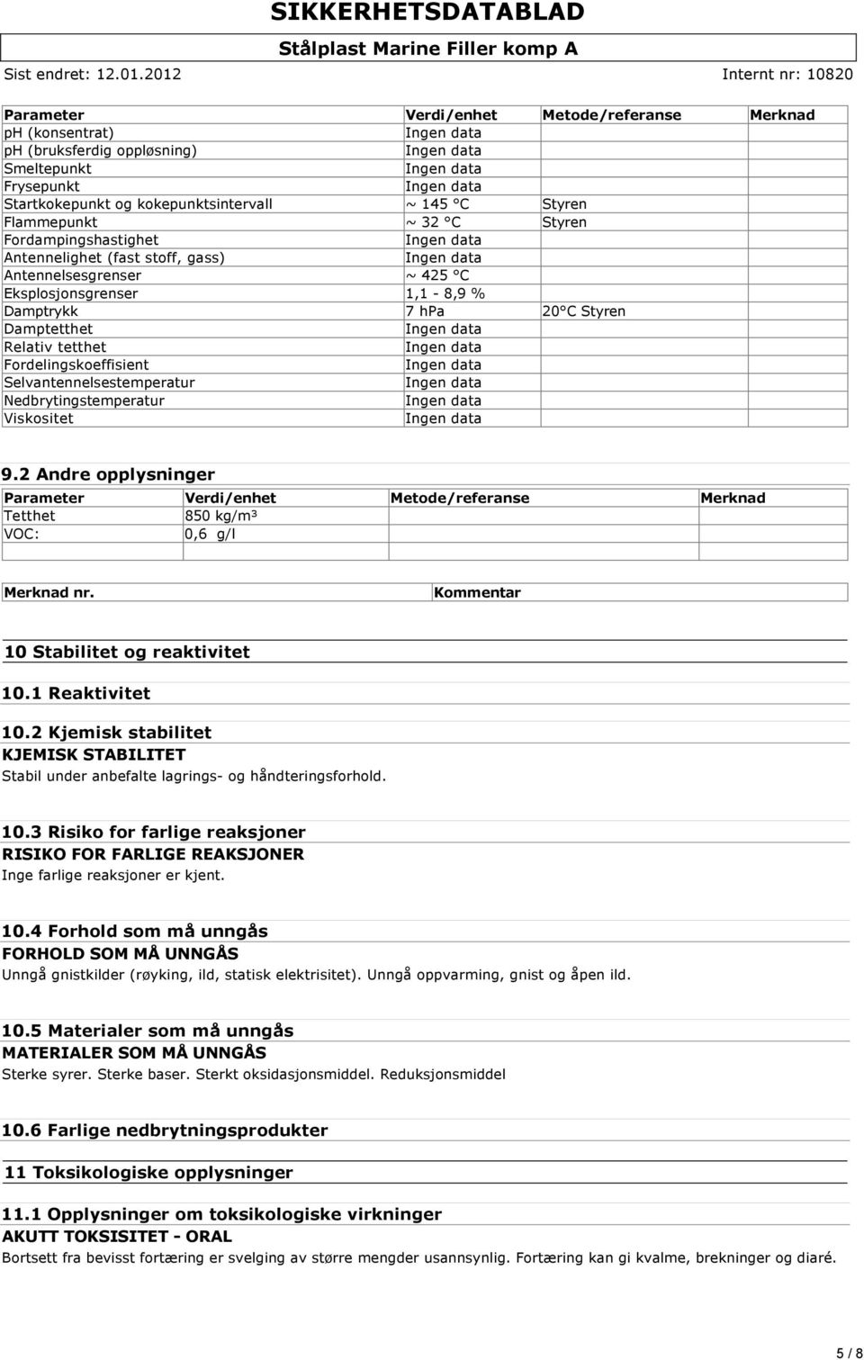 Selvantennelsestemperatur Nedbrytingstemperatur Viskositet 9.2 Andre opplysninger Parameter Verdi/enhet Metode/referanse Merknad Tetthet 850 kg/m³ VOC: 0,6 g/l Merknad nr.