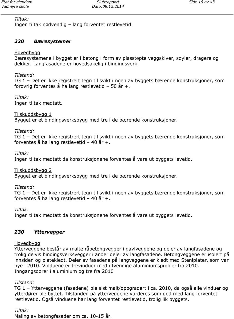 TG 1 Det er ikke registrert tegn til svikt i noen av byggets bærende konstruksjoner, som forøvrig forventes å ha lang restlevetid 50 år +. Ingen tiltak medtatt.