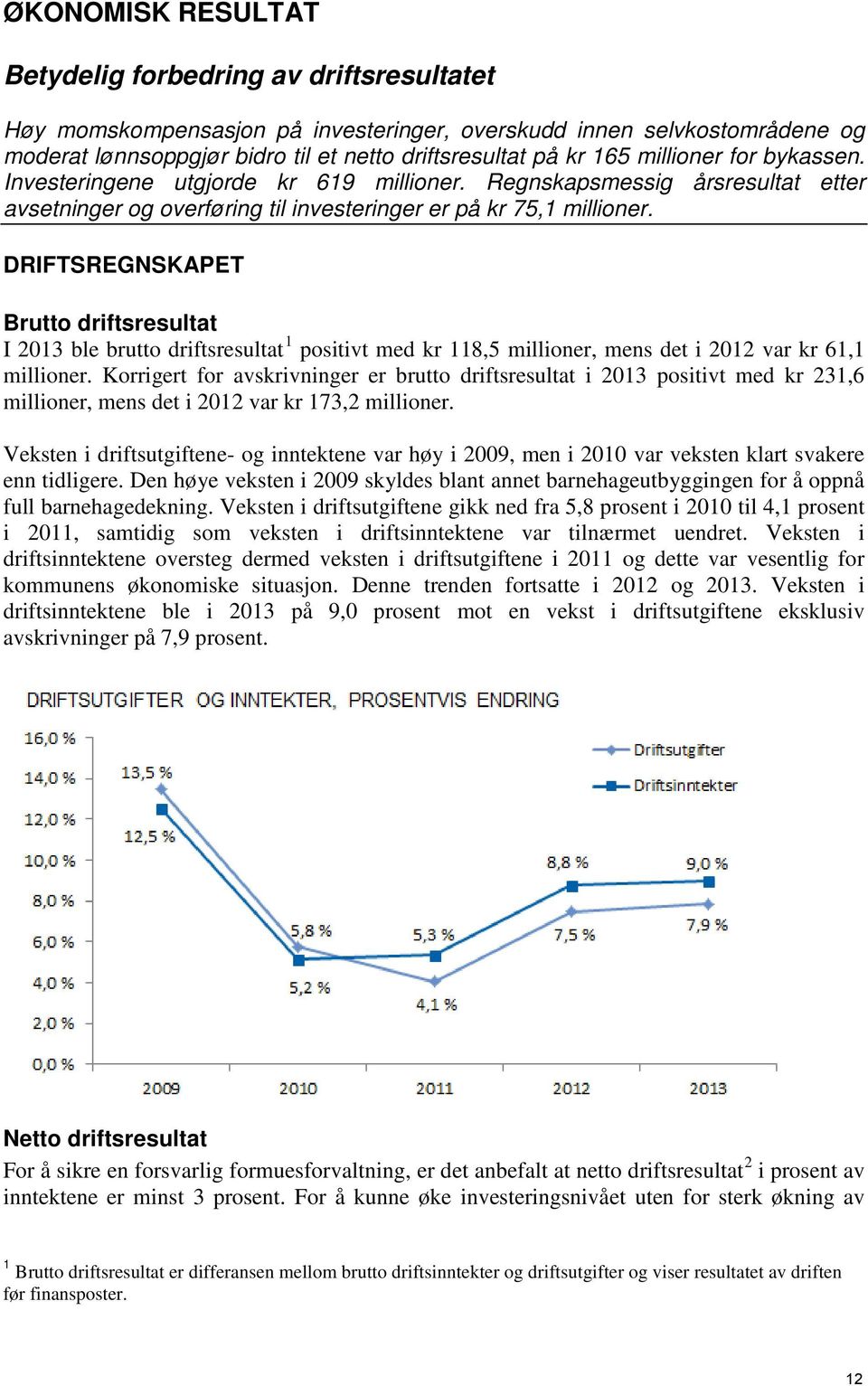 DRIFTSREGNSKAPET Brutto driftsresultat I 2013 ble brutto driftsresultat 1 positivt med kr 118,5 millioner, mens det i 2012 var kr 61,1 millioner.