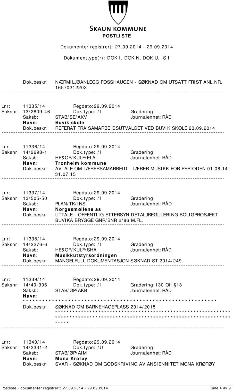 type: /I Gradering: Saksb: HE&OP/KULF/ELA Journalenhet:RÅD Tronheim kommune AVTALE OM LÆRERSAMARBEID - LÆRER MUSIKK FOR PERIODEN 01.08.14-31.07.15 Lnr: 11337/14 Regdato:29.09.