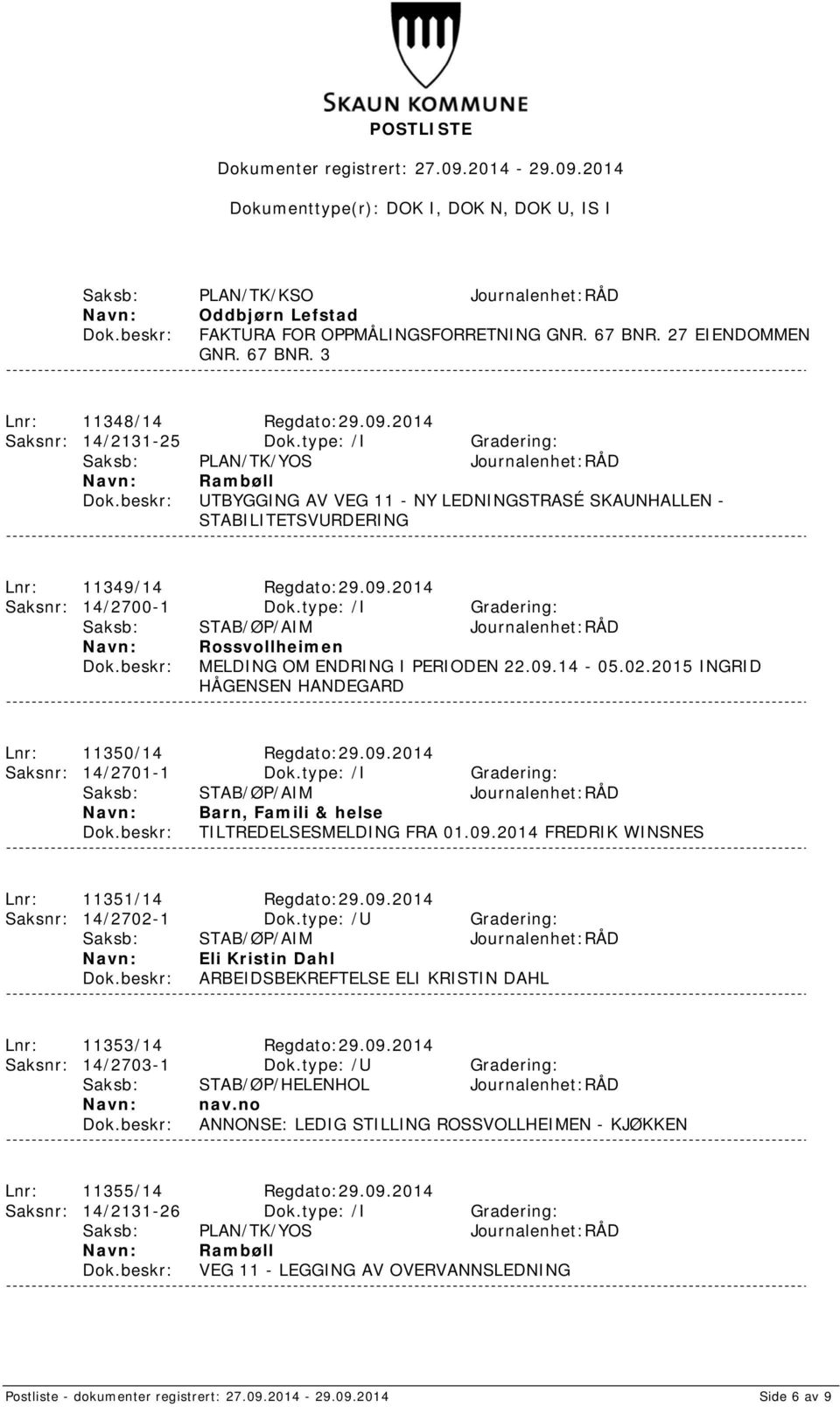 type: /I Gradering: Rossvollheimen MELDING OM ENDRING I PERIODEN 22.09.14-05.02.2015 INGRID HÅGENSEN HANDEGARD Lnr: 11350/14 Regdato:29.09.2014 Saksnr: 14/2701-1 Dok.