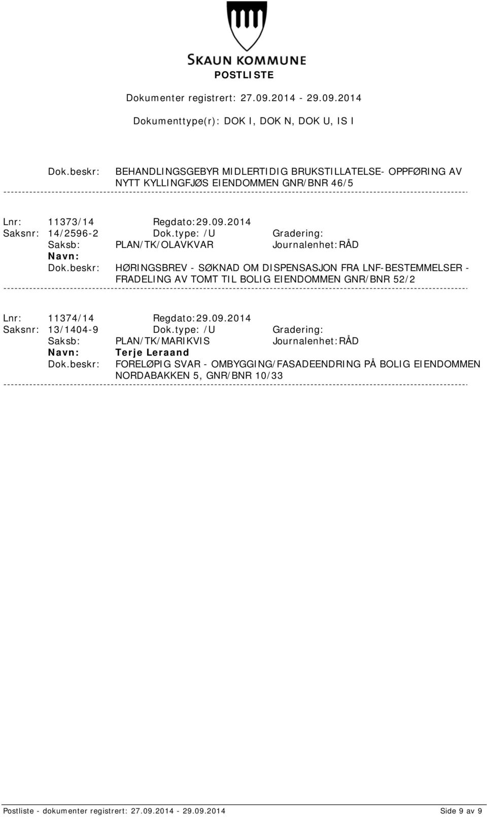 type: /U Gradering: Saksb: PLAN/TK/OLAVKVAR Journalenhet:RÅD HØRINGSBREV - SØKNAD OM DISPENSASJON FRA LNF-BESTEMMELSER - FRADELING AV TOMT TIL