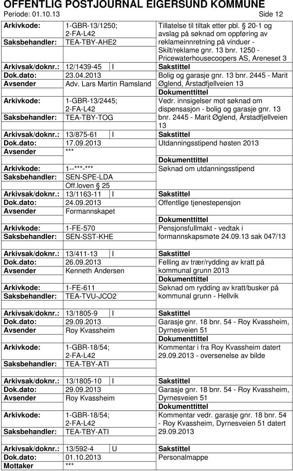 Lars Martin Ramsland Øglend, Årstadfjellveien 13 1-GBR-13/2445; Vedr. innsigelser mot søknad om dispensasjon - bolig og garasje gnr. 13 TEA-TBY-TOG bnr.