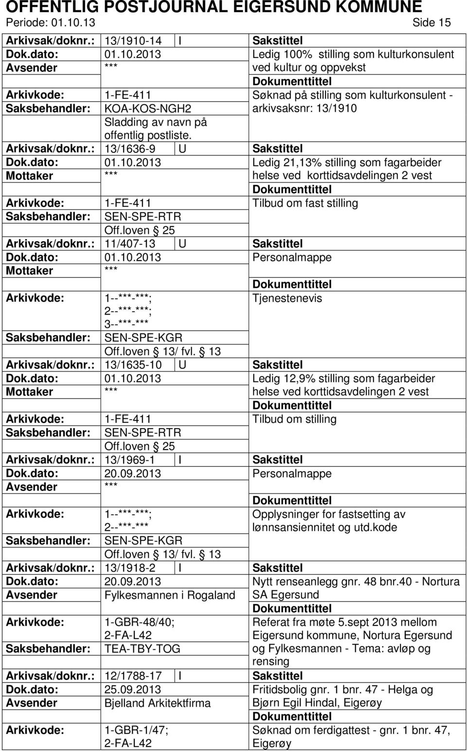 offentlig postliste. Arkivsak/doknr.: 13/1636-9 U Sakstittel Ledig 21,13% stilling som fagarbeider *** helse ved korttidsavdelingen 2 vest 1-FE-411 Tilbud om fast stilling SEN-SPE-RTR Arkivsak/doknr.