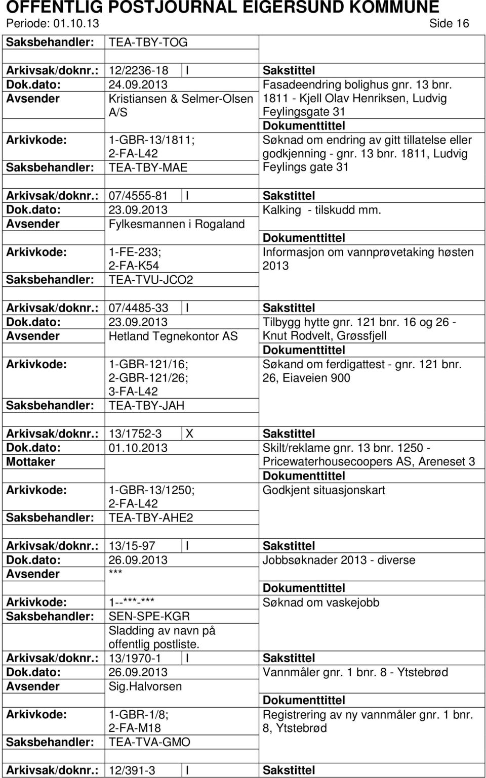 1811, Ludvig TEA-TBY-MAE Feylings gate 31 Arkivsak/doknr.: 07/4555-81 I Sakstittel Dok.dato: 23.09.2013 Kalking - tilskudd mm.