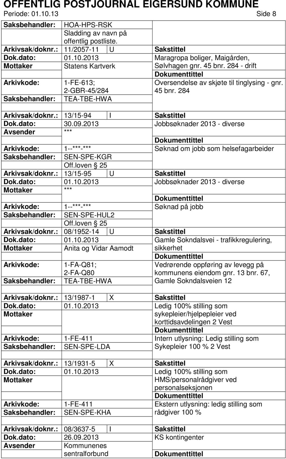 : 13/15-94 I Sakstittel Jobbsøknader 2013 - diverse 1--***-*** Søknad om jobb som helsefagarbeider SEN-SPE-KGR Arkivsak/doknr.