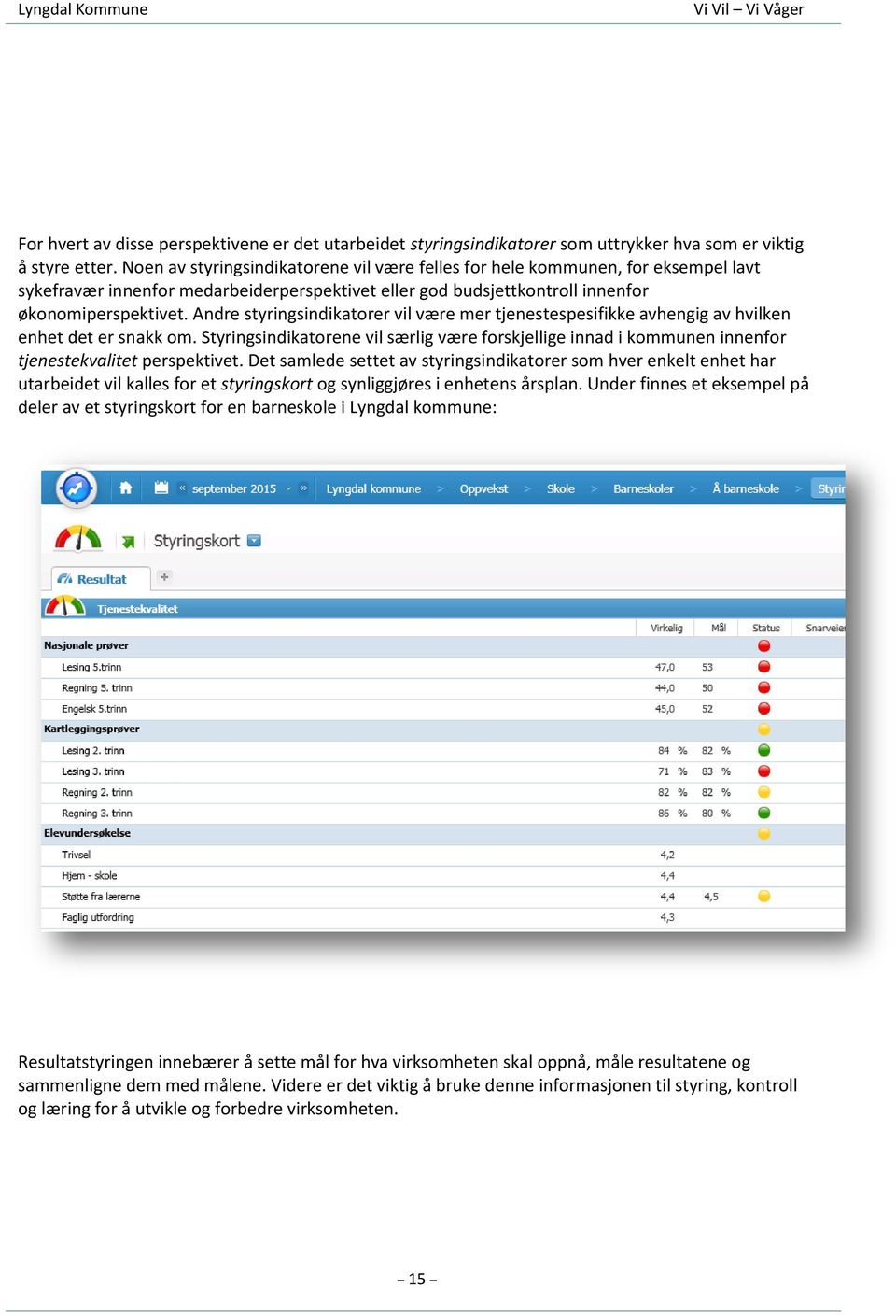 Andre styringsindikatorer vil være mer tjenestespesifikke avhengig av hvilken enhet det er snakk om.