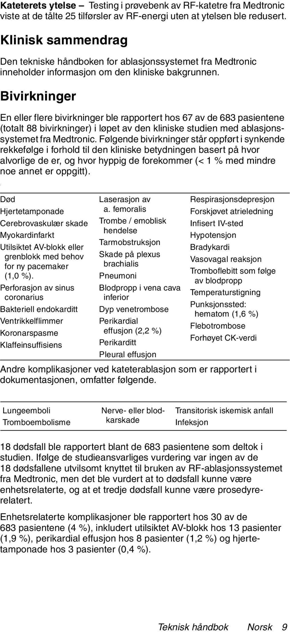 Bivirkninger En eller flere bivirkninger ble rapportert hos 67 av de 683 pasientene (totalt 88 bivirkninger) i løpet av den kliniske studien med ablasjonssystemet fra Medtronic.