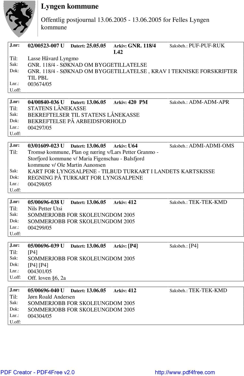 : ADM-ADM-APR Til: STATENS LÅNEKASSE Sak: BEKREFTELSER TIL STATENS LÅNEKASSE Dok: BEKREFTELSE PÅ ARBEIDSFORHOLD Lnr.: 004297/05 J.nr: 03/01609-023 U Datert: 13.06.05 Arkiv: U64 Saksbeh.