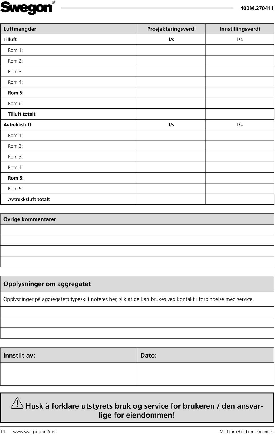 Opplysninger på aggregatets typeskilt noteres her, slik at de kan brukes ved kontakt i forbindelse med service.