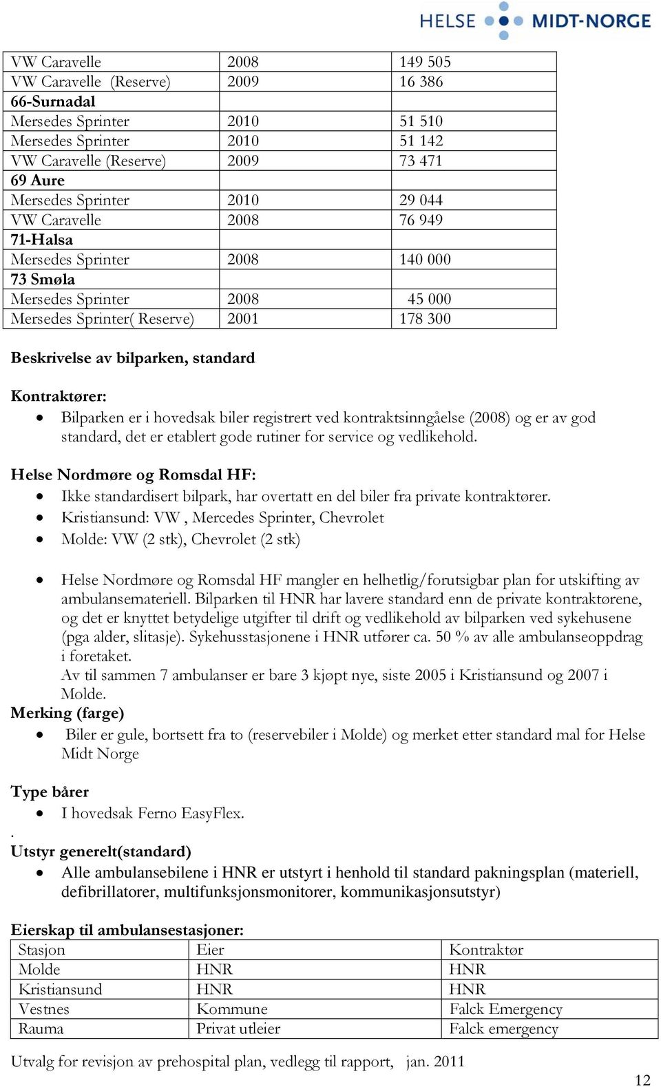 Kontraktører: Bilparken er i hovedsak biler registrert ved kontraktsinngåelse (2008) og er av god standard, det er etablert gode rutiner for service og vedlikehold.