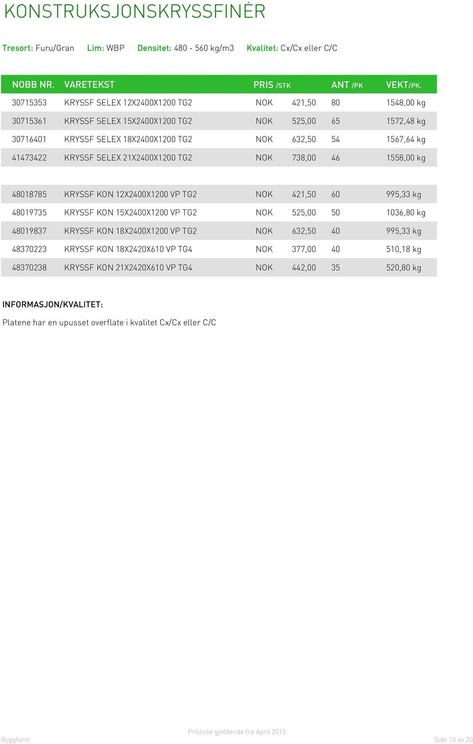 KON 12X2400X1200 VP TG2 NOK 421,50 60 995,33 kg 48019735 KRYSSF KON 15X2400X1200 VP TG2 NOK 525,00 50 1036,80 kg 48019837 KRYSSF KON 18X2400X1200 VP TG2 NOK 632,50 40 995,33 kg 48370223