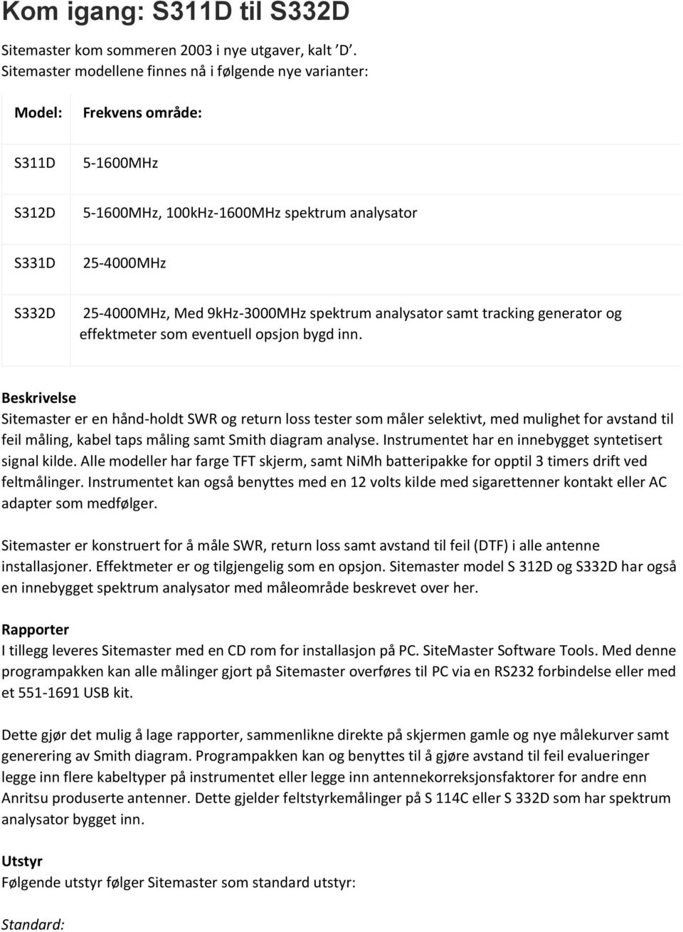 9kHz-3000MHz spektrum analysator samt tracking generator og effektmeter som eventuell opsjon bygd inn.