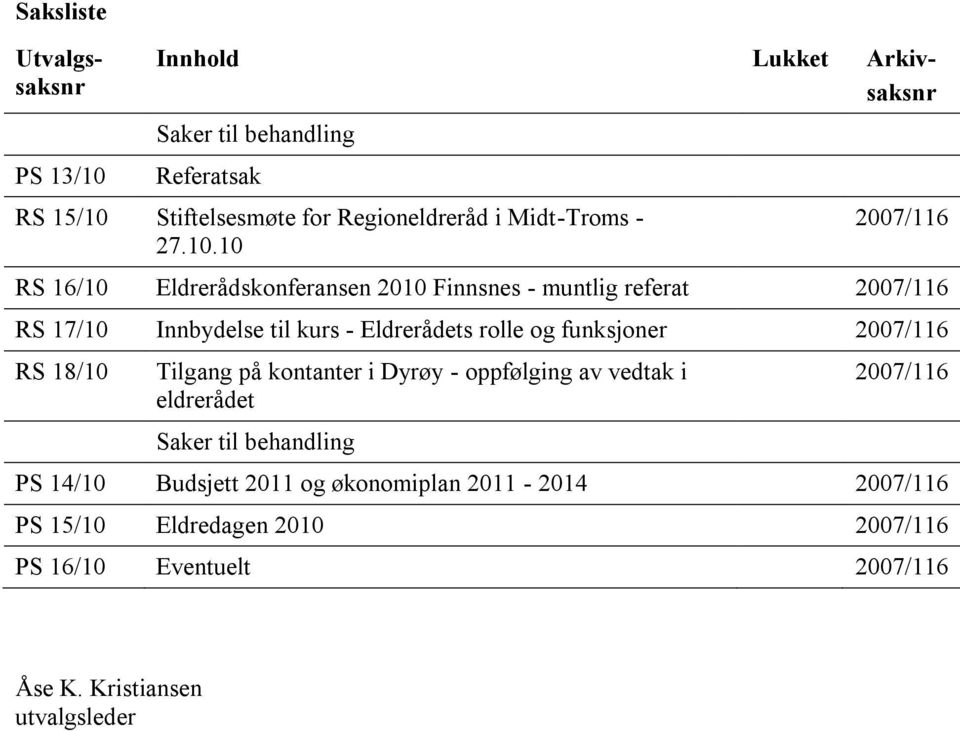 10 2007/116 RS 16/10 Eldrerådskonferansen 2010 Finnsnes - muntlig referat 2007/116 RS 17/10 Innbydelse til kurs - Eldrerådets rolle og