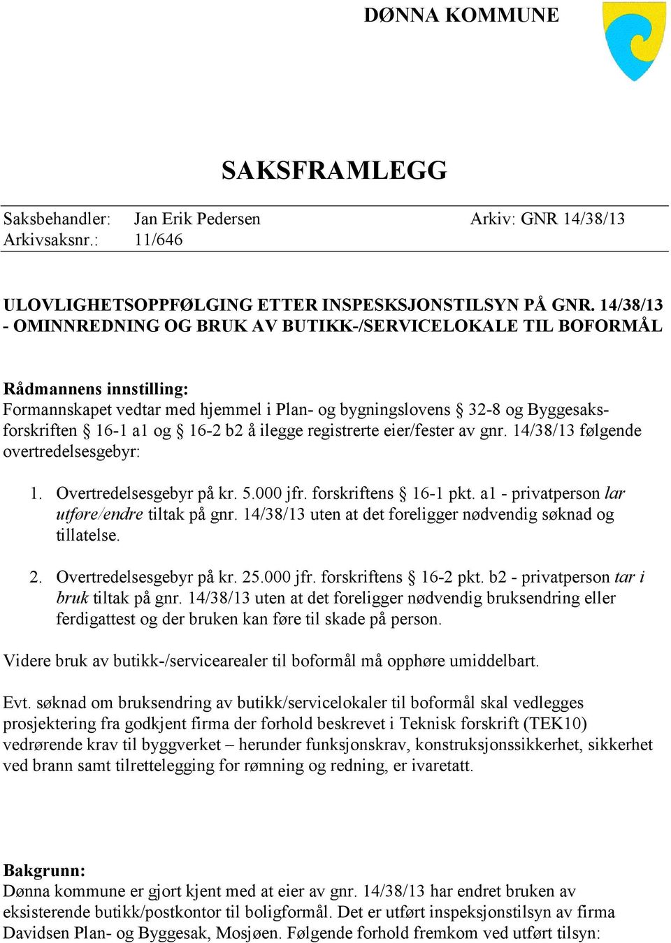 b2 å ilegge registrerte eier/fester av gnr. 14/38/13 følgende overtredelsesgebyr: 1. Overtredelsesgebyr på kr. 5.000 jfr. forskriftens 16-1 pkt. a1 - privatperson lar utføre/endre tiltak på gnr.