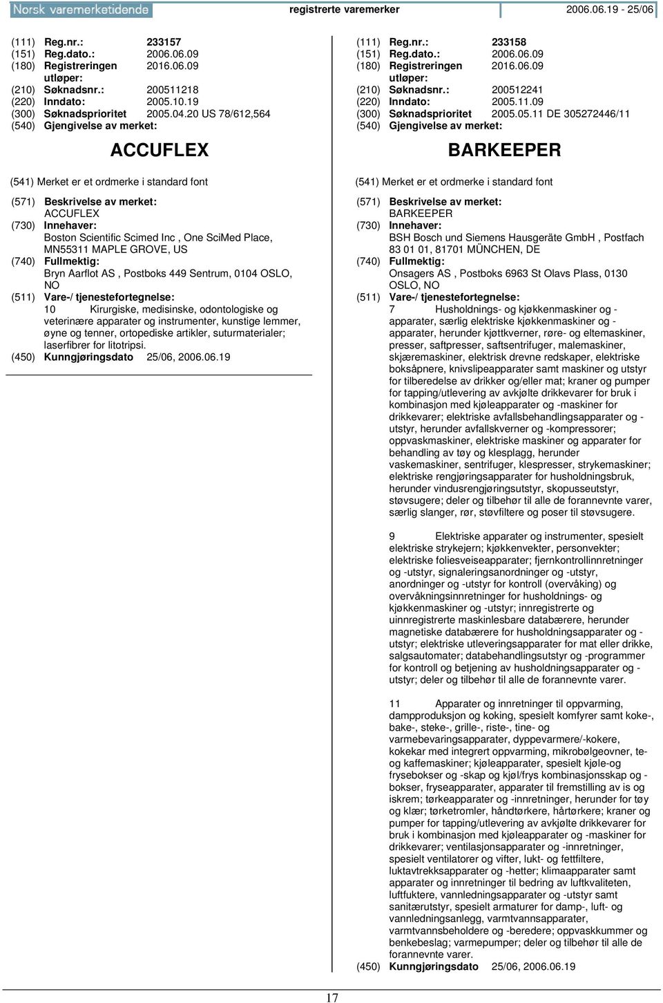 odontologiske og veterinære apparater og instrumenter, kunstige lemmer, øyne og tenner, ortopediske artikler, suturmaterialer; laserfibrer for litotripsi. (111) Reg.nr.: 233158 (151) Reg.dato.: 2006.