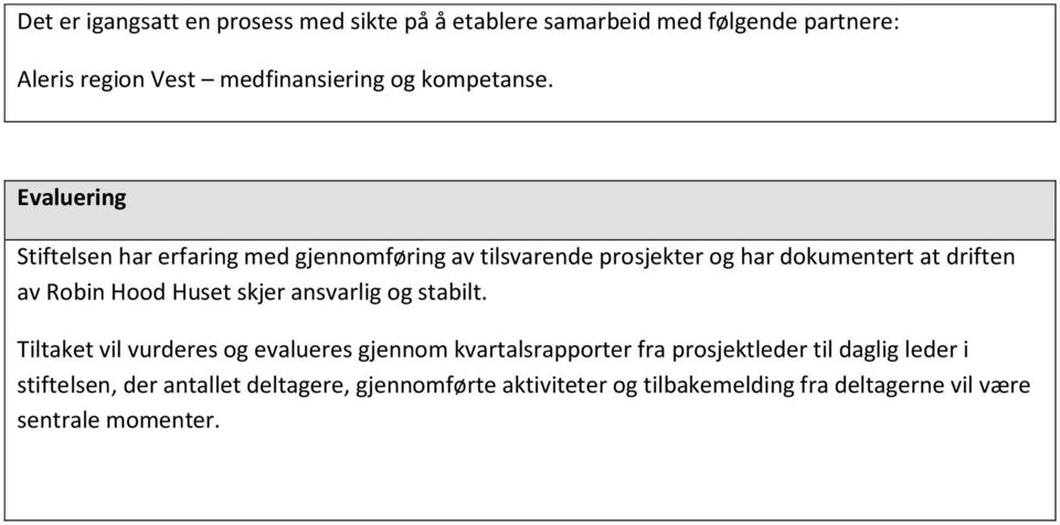 Evaluering Stiftelsen har erfaring med gjennomføring av tilsvarende prosjekter og har dokumentert at driften av Robin Hood