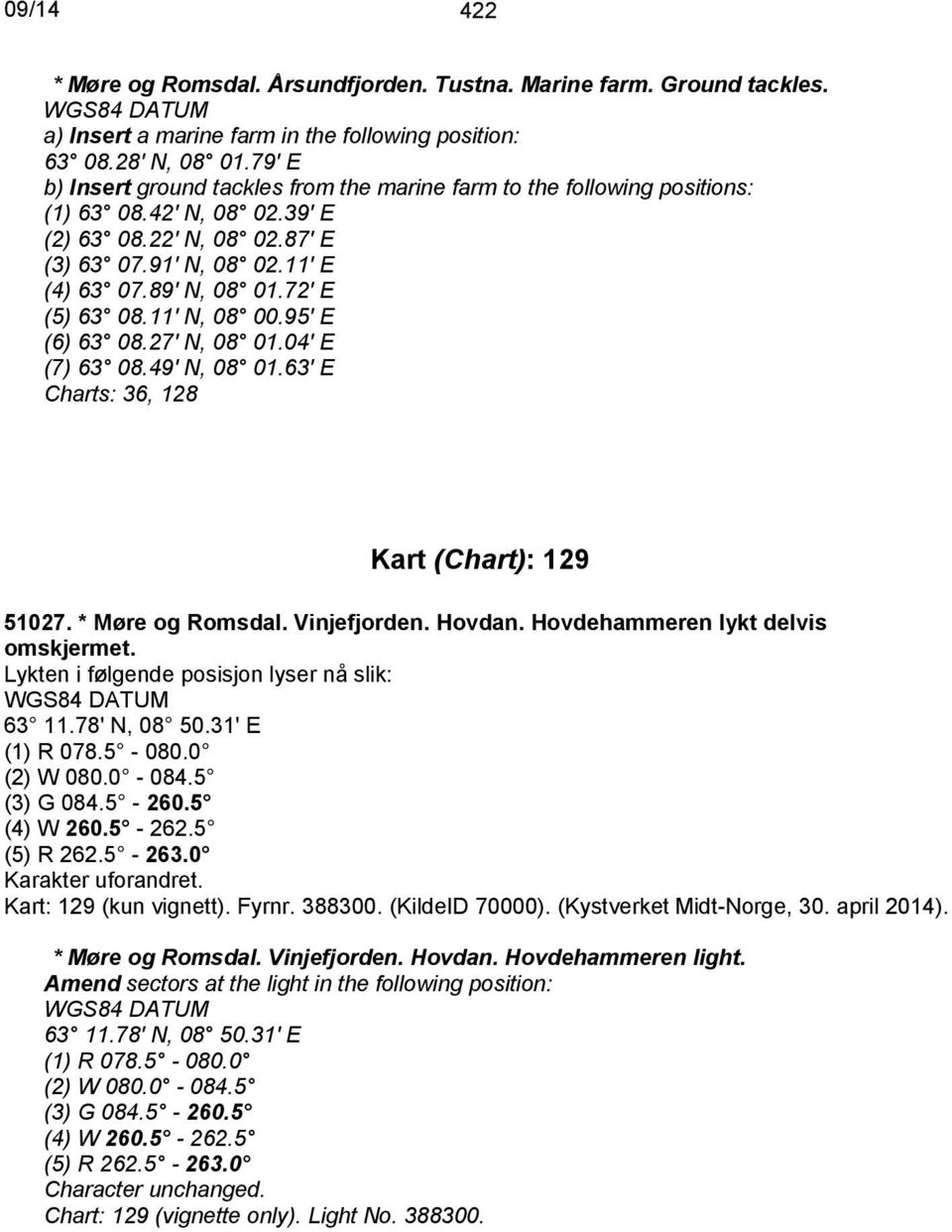 72' E (5) 63 08.11' N, 08 00.95' E (6) 63 08.27' N, 08 01.04' E (7) 63 08.49' N, 08 01.63' E Charts: 36, 128 Kart (Chart): 129 51027. * Møre og Romsdal. Vinjefjorden. Hovdan.