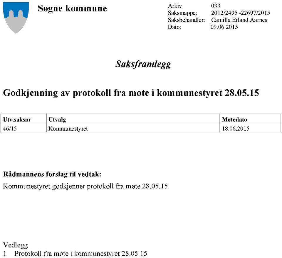 2015 Saksframlegg Godkjenning av protokoll fra møte i kommunestyret 28.05.15 Utv.