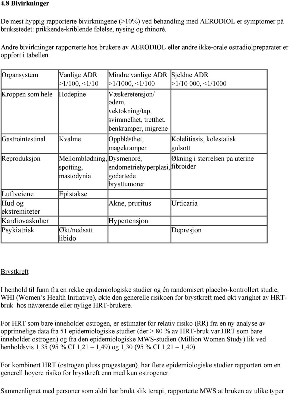 Organsystem Vanlige ADR >1/100, <1/10 Mindre vanlige ADR >1/1000, <1/100 Kroppen som hele Hodepine Væskeretensjon/ ødem, vektøkning/tap, svimmelhet, tretthet, benkramper, migrene Gastrointestinal