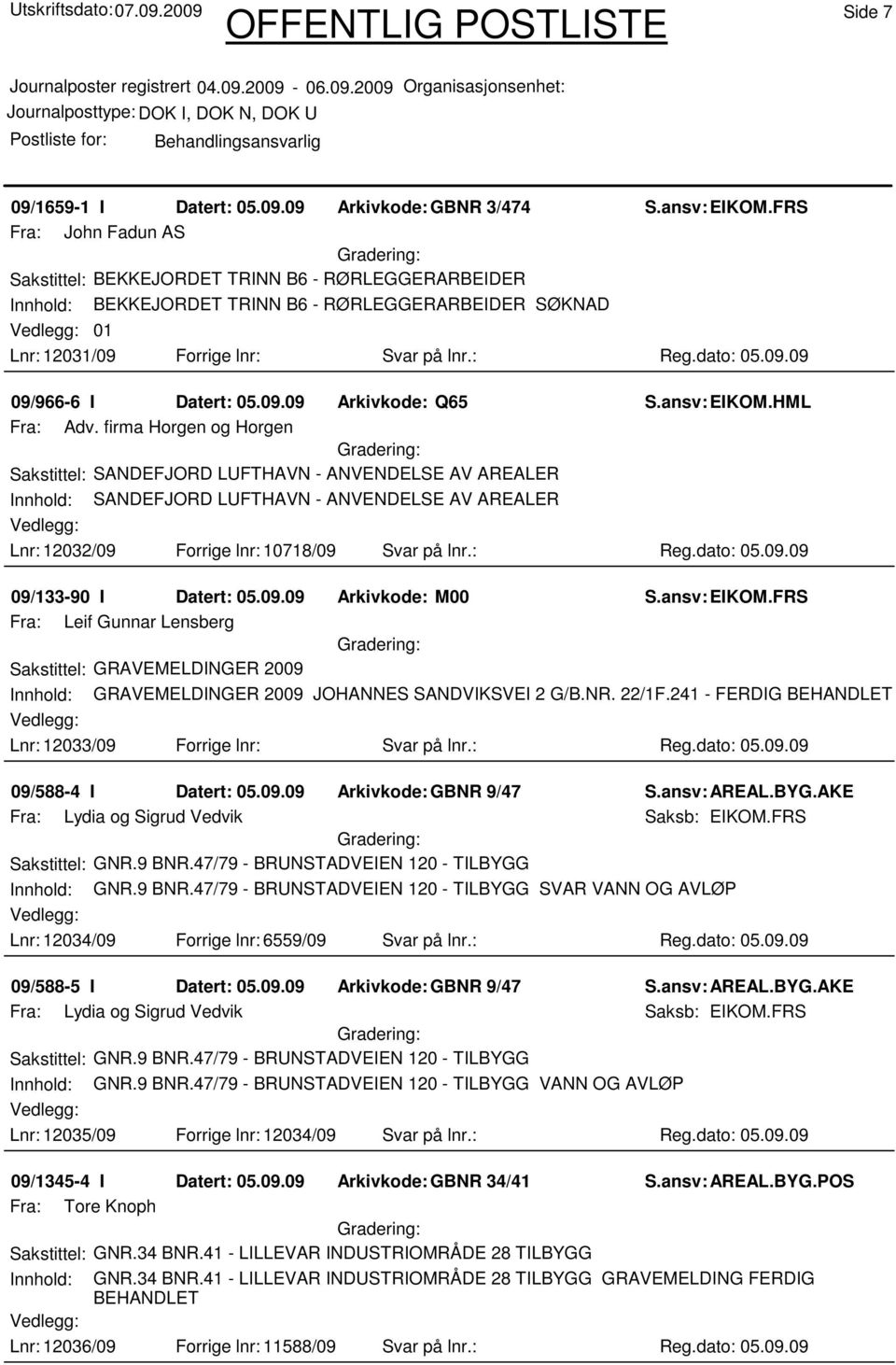 09 Arkivkode:GBNR 3/474 Fra: John Fadun AS Sakstittel: BEKKEJORDET TRINN B6 - RØRLEGGERARBEIDER Innhold: BEKKEJORDET TRINN B6 - RØRLEGGERARBEIDER SØKNAD 01 Lnr: 12031/09 Forrige lnr: Svar på lnr.