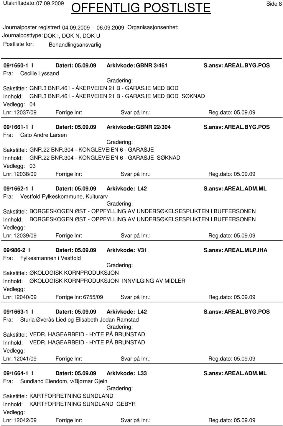 : Reg.dato: 05.09.09 09/1662-1 I Datert: 05.09.09 Arkivkode: L42 S.ansv: AREAL.ADM.