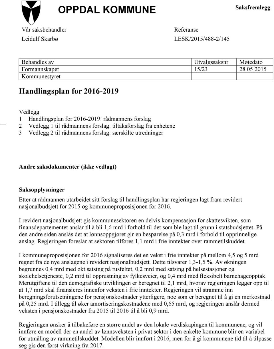 forslag: særskilte utredninger Andre saksdokumenter (ikke vedlagt) Saksopplysninger Etter at rådmannen utarbeidet sitt forslag til handlingsplan har regjeringen lagt fram revidert nasjonalbudsjett