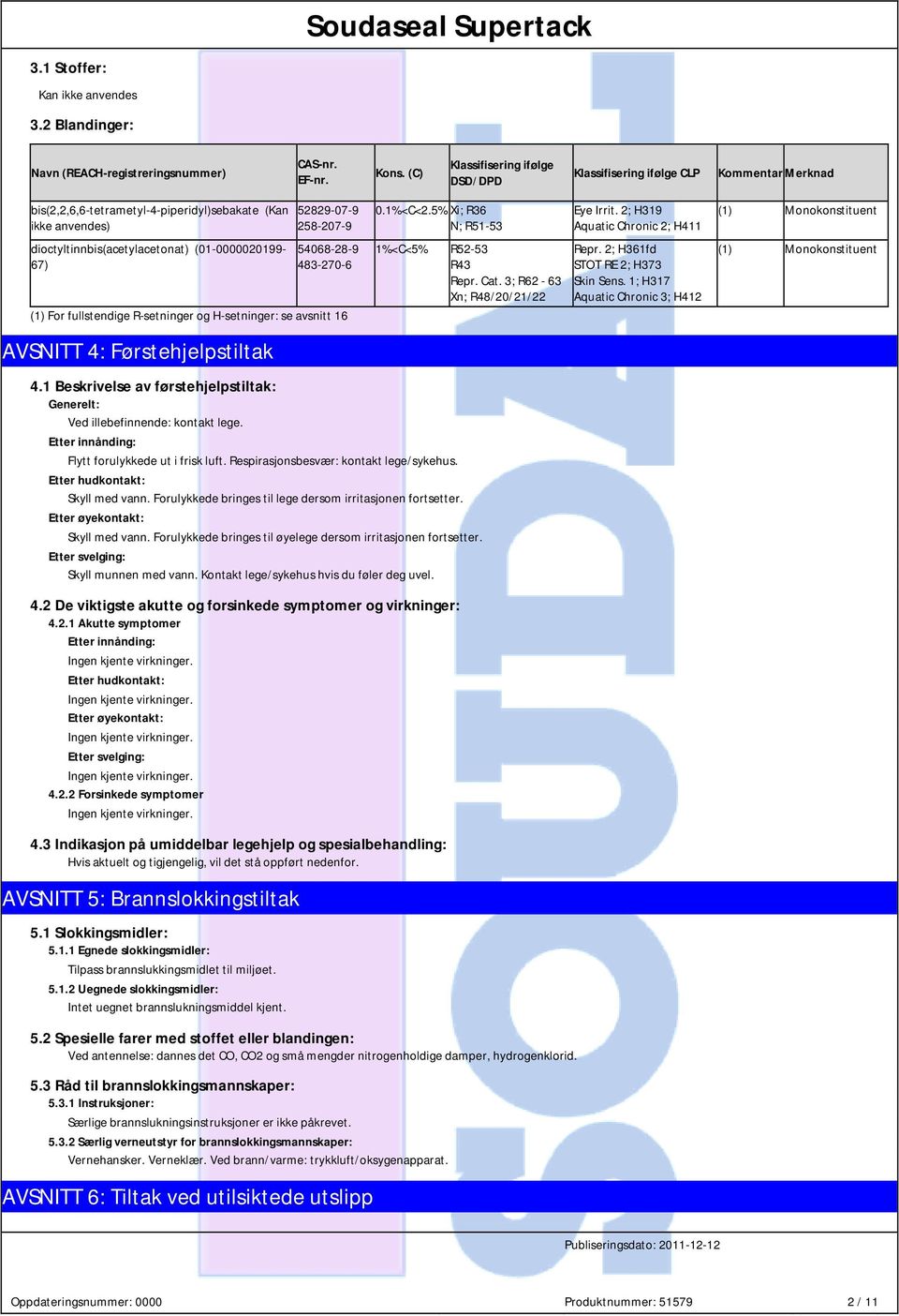 fullstendige R-setninger og H-setninger: se avsnitt 16 AVSNITT 4: Førstehjelpstiltak 0.1%<C<2.5% Xi; R36 N; R51-53 1%<C<5% R52-53 R43 Repr. Cat. 3; R62-63 Xn; R48/20/21/22 4.