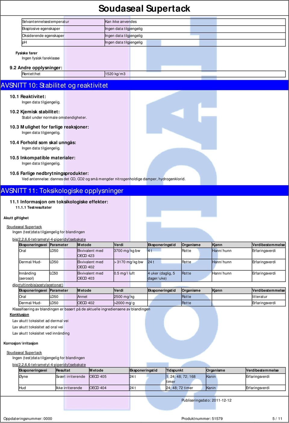 10.5 Inkompatible materialer:. 1520 kg/m3 10.6 Farlige nedbrytningsprodukter: Ved antennelse: dannes det CO, CO2 og små mengder nitrogenholdige damper, hydrogenklorid.