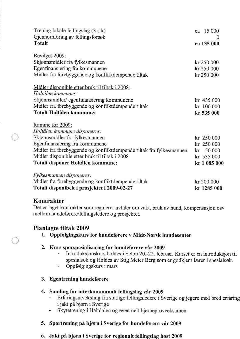 for 2009: Ho itå len kommune disponerer: Skjønnsmidler fra fylkesmannen Egenfinansiering fra kommunene Midler fra forebyggende og konfliktdempende tiltak fra fylkesmannen Midler disponible etter bruk