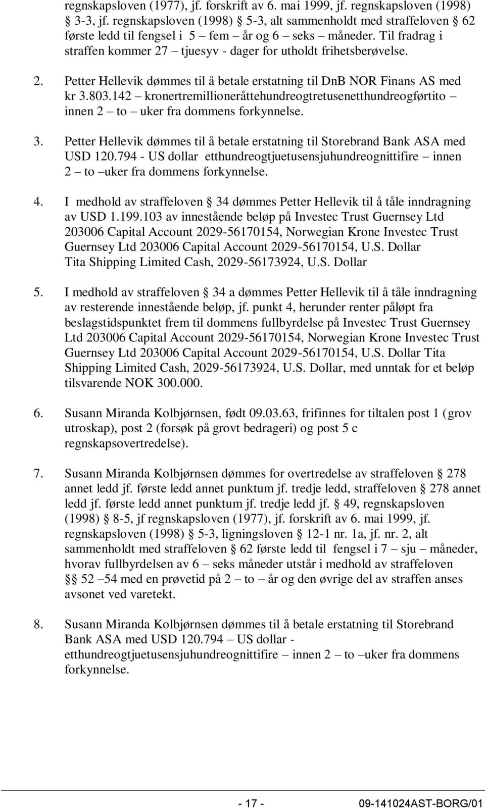 tjuesyv - dager for utholdt frihetsberøvelse. 2. Petter Hellevik dømmes til å betale erstatning til DnB NOR Finans AS med kr 3.803.