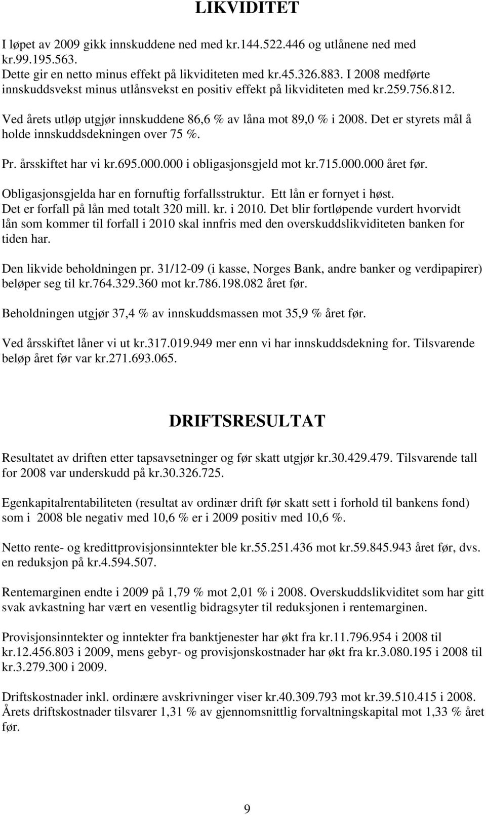 Det er styrets mål å holde innskuddsdekningen over 75 %. Pr. årsskiftet har vi kr.695.000.000 i obligasjonsgjeld mot kr.715.000.000 året før. Obligasjonsgjelda har en fornuftig forfallsstruktur.