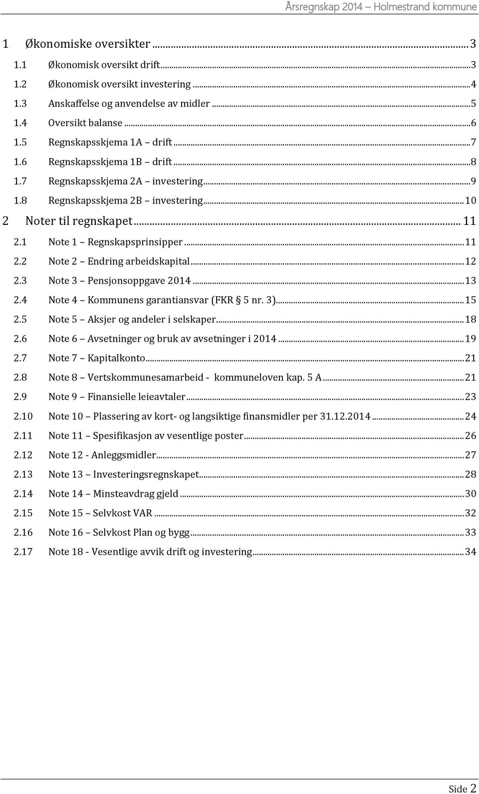 1 Note 1 Regnskapsprinsipper... 11 2.2 Note 2 Endring arbeidskapital... 12 2.3 Note 3 Pensjonsoppgave... 13 2.4 Note 4 Kommunens garantiansvar (FKR 5 nr. 3)... 15 2.