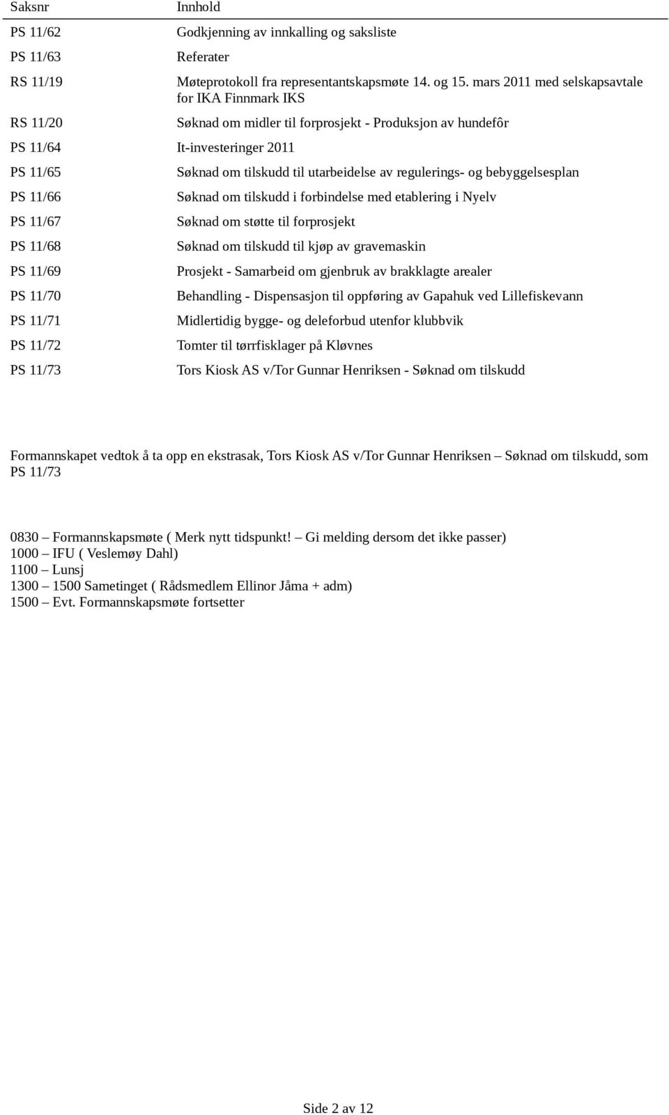 mars 2011 med selskapsavtale for IKA Finnmark IKS Søknad om midler til forprosjekt - Produksjon av hundefôr Søknad om tilskudd til utarbeidelse av regulerings- og bebyggelsesplan Søknad om tilskudd i