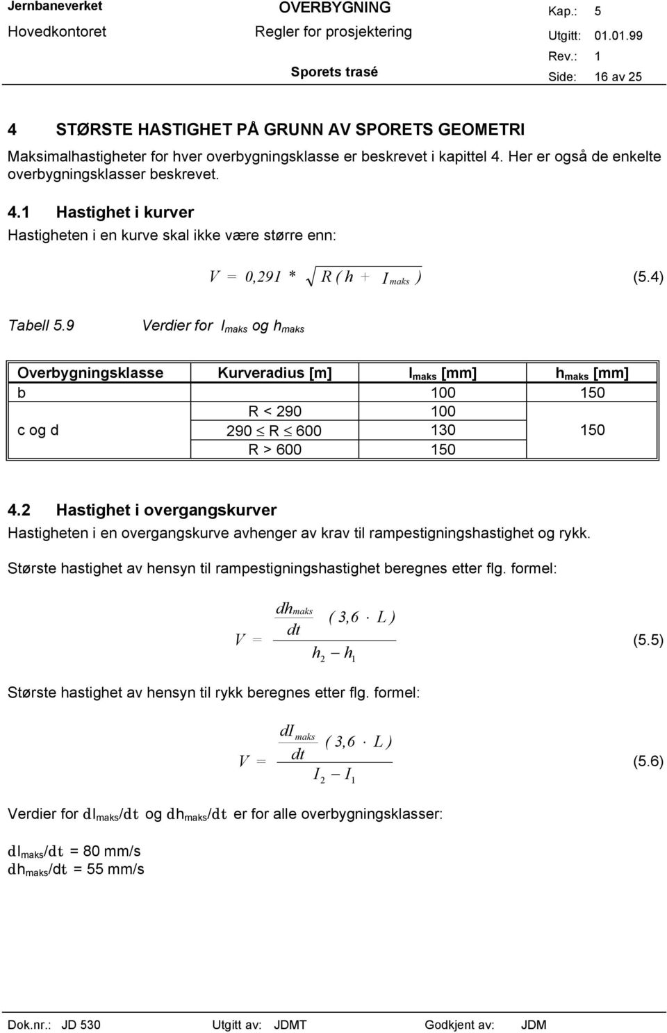 9 Verdier for I maks og h maks Overbygningsklasse Kurveradius [m] I maks [mm] h maks [mm] b 100 150 R < 290 100 c og d 290 R 600 130 150 R > 600 150 4.