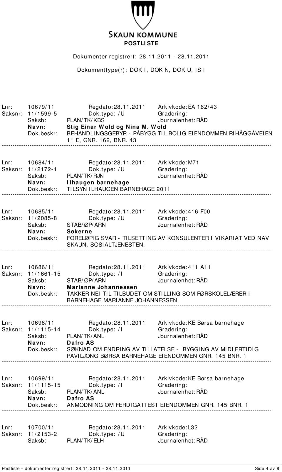 type: /U Gradering: Saksb: PLAN/TK/RJN Journalenhet:RÅD Ilhaugen barnehage TILSYN ILHAUGEN BARNEHAGE 2011 Lnr: 10685/11 Regdato:28.11.2011 Arkivkode:416 F00 Saksnr: 11/2085-8 Dok.