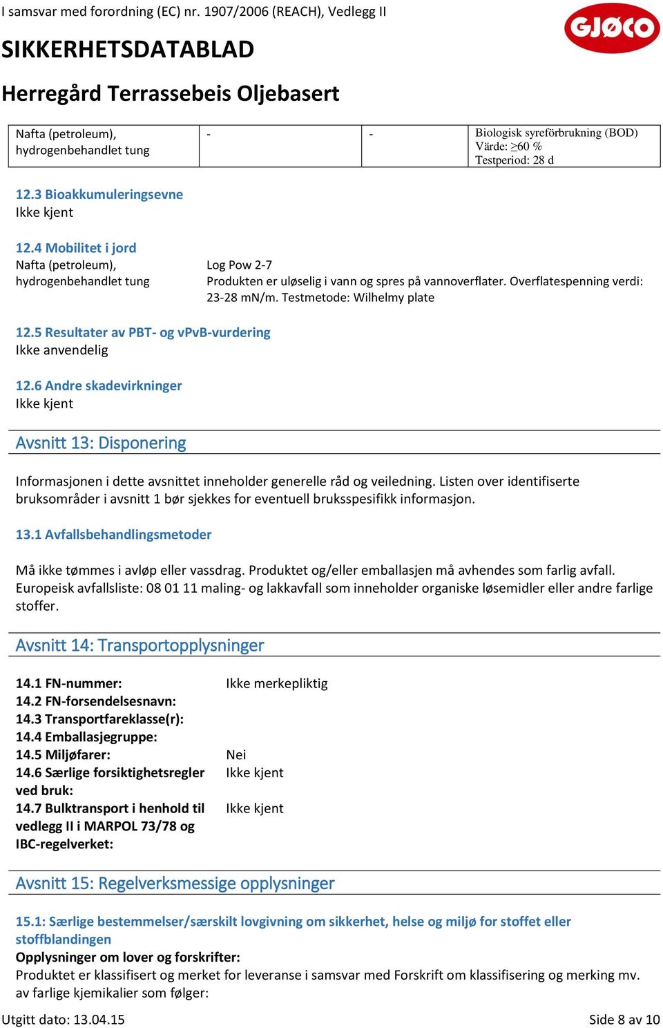 5 Resultater av PBT- og vpvb-vurdering Ikke anvendelig 12.6 Andre skadevirkninger Avsnitt 13: Disponering Informasjonen i dette avsnittet inneholder generelle råd og veiledning.