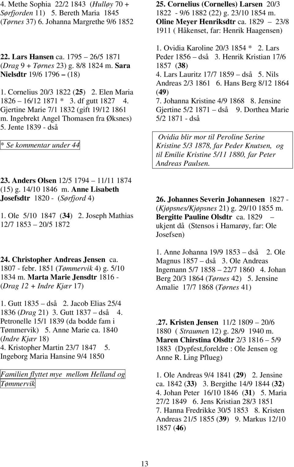 Jente 1839 - dså * Se kommentar under 44 23. Anders Olsen 12/5 1794 11/11 1874 (15) g. 14/10 1846 m. Anne Lisabeth Josefsdtr 1820 - (Sørfjord 4) 1. Ole 5/10 1847 (34) 2.
