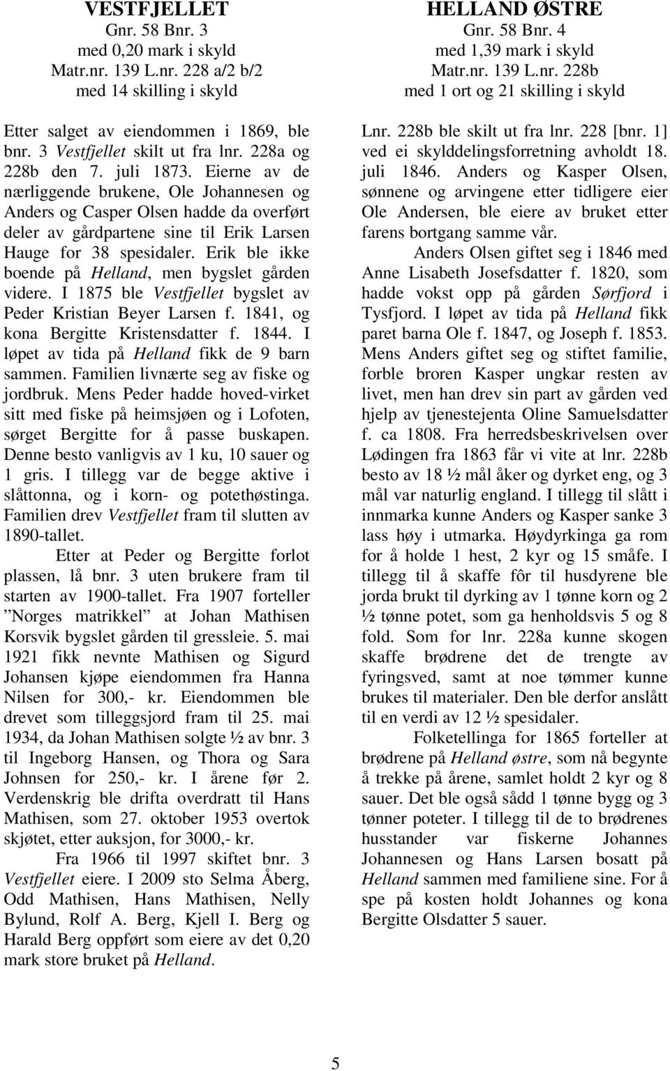 Erik ble ikke boende på Helland, men bygslet gården videre. I 1875 ble Vestfjellet bygslet av Peder Kristian Beyer Larsen f. 1841, og kona Bergitte Kristensdatter f. 1844.