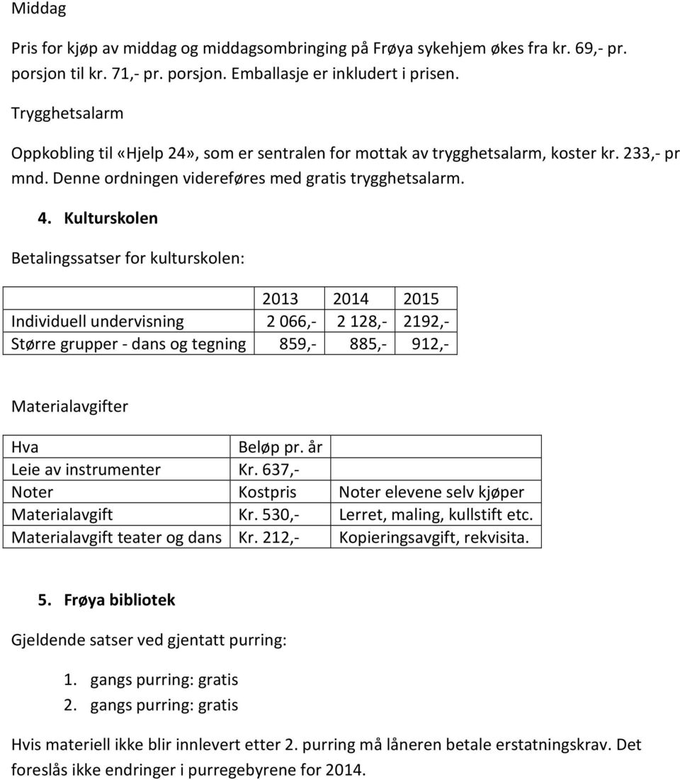 Kulturskolen Betalingssatser for kulturskolen: 2013 2014 2015 Individuell undervisning 2 066,- 2 128,- 2192,- Større grupper - dans og tegning 859,- 885,- 912,- Materialavgifter Hva Beløp pr.